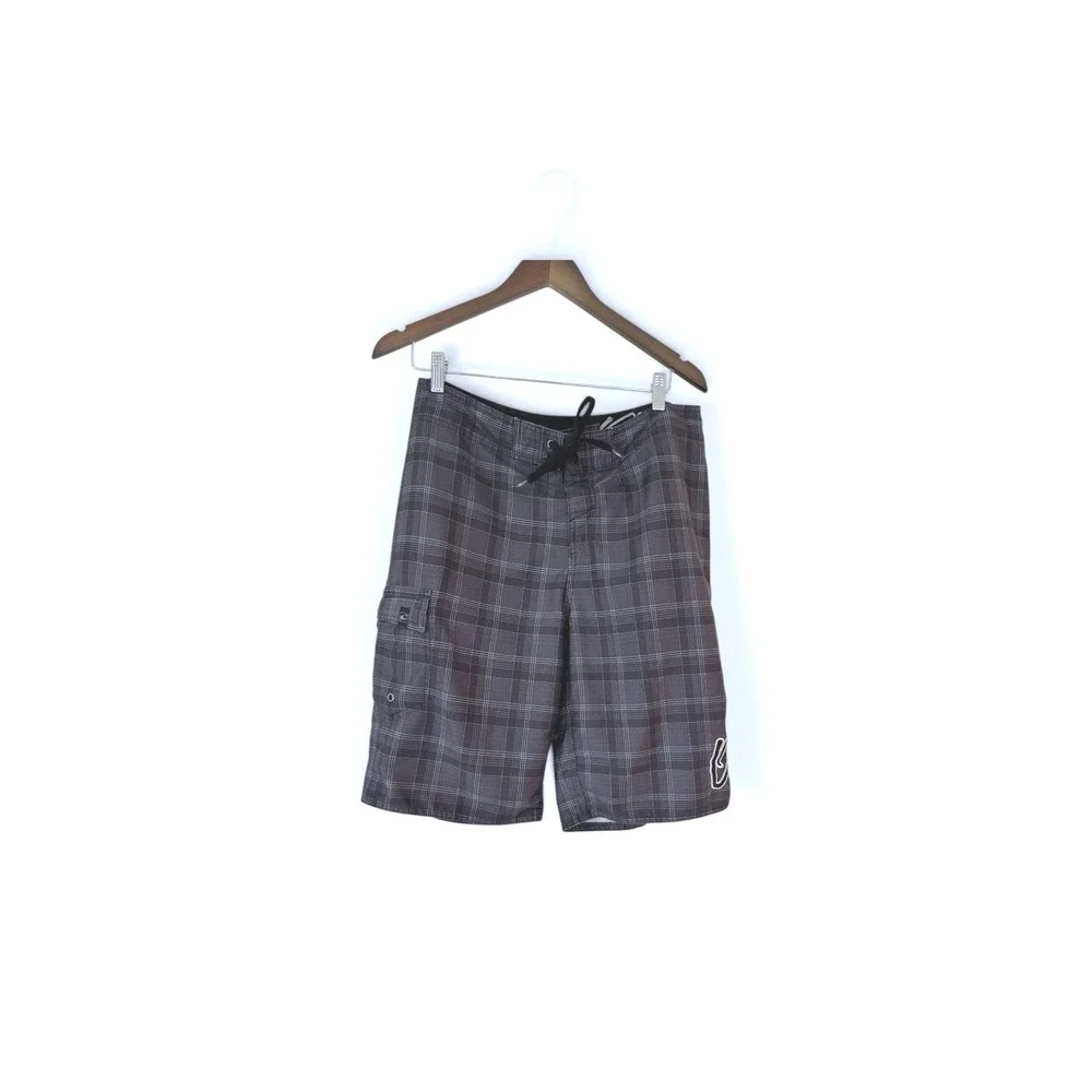 ONeill Mens Board Shorts Grey Plaid Cargo Pocket Swim Trunks Size 33 Inseam 10in
